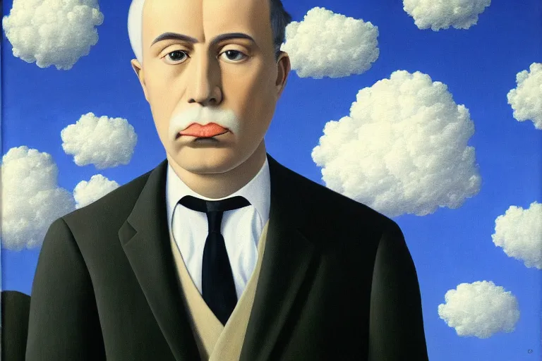 Image similar to portrait of man in a suit that has clouds instead of head by rene magritte, detailed painting, hd, hq, high resolution, high detail, 4 k, 8 k