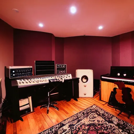 Prompt: a super cozy music studio at night