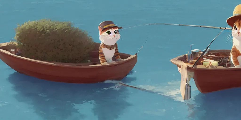 Prompt: a wholesome animation key shot of a cute cat on a fishing boat wearing a sunhat, studio ghibli, pixar and disney animation, sharp, rendered in unreal engine 5, anime key art by greg rutkowski, bloom, dramatic, dynamic lighting
