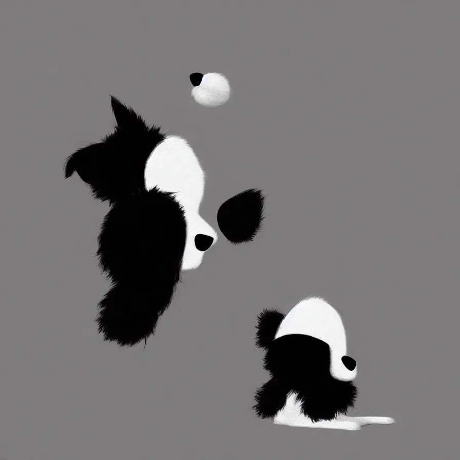 Image similar to Goro Fujita illustrating a beautiful black and white fluffy dog, with big ears on a plain background, art by Goro Fujita, sharp focus, highly detailed, ArtStation