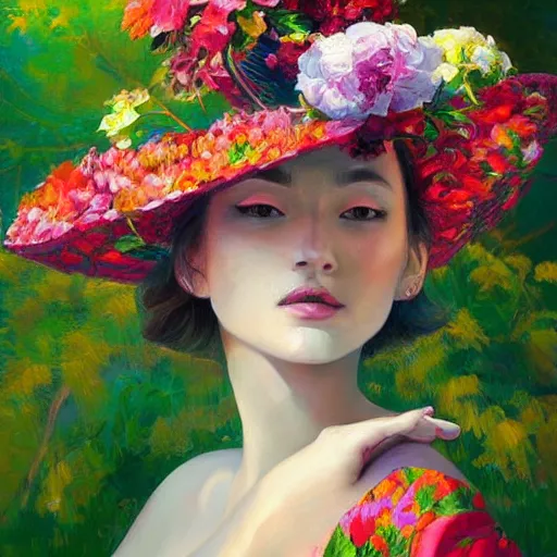 Image similar to a painting of a woman wearing a floral hat in a beautiful garden, an ultrafine detailed painting by james jean, cgsociety, figurative art, ilya kuvshinov, detailed painting, rich color palette