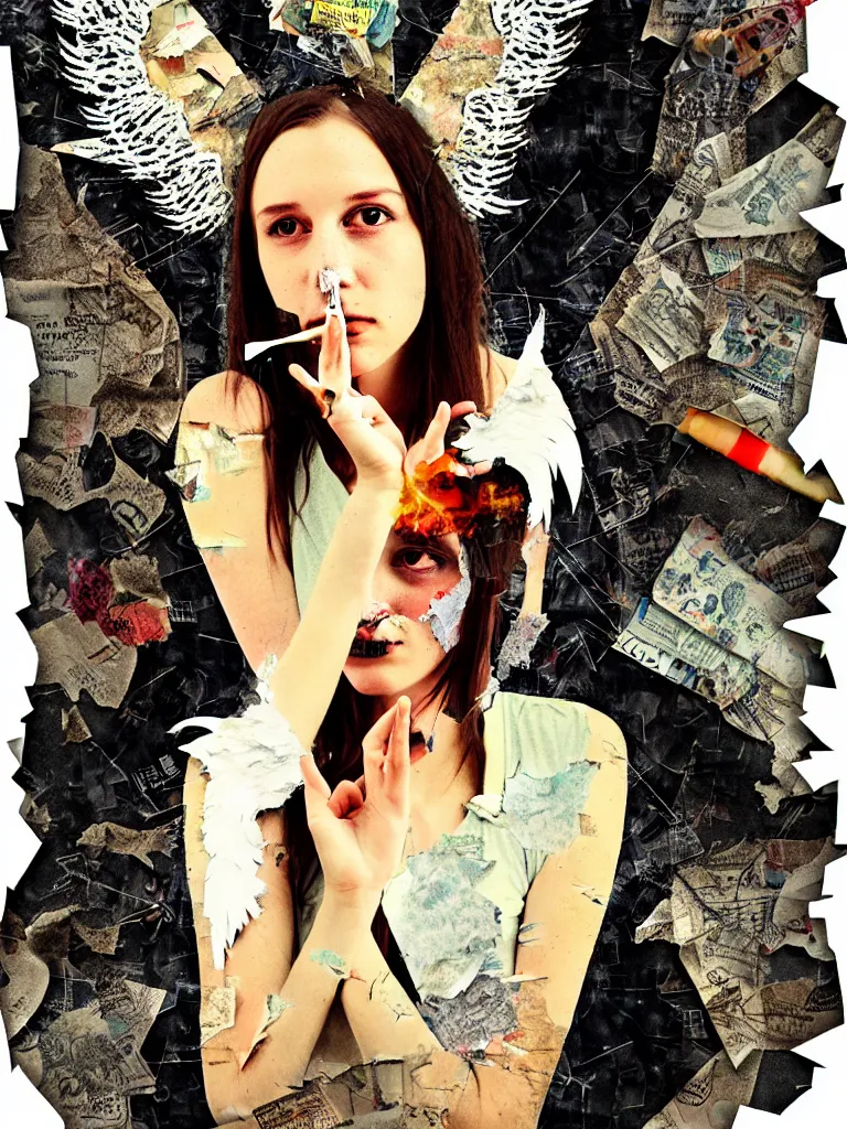 Image similar to a young adult angelgirl smoking a cigarette and ratty feathered angel wings, stressed and burnt out, collage effect, collaged, torn paper, torn paper collage, overexposure, overexposed, high exposure