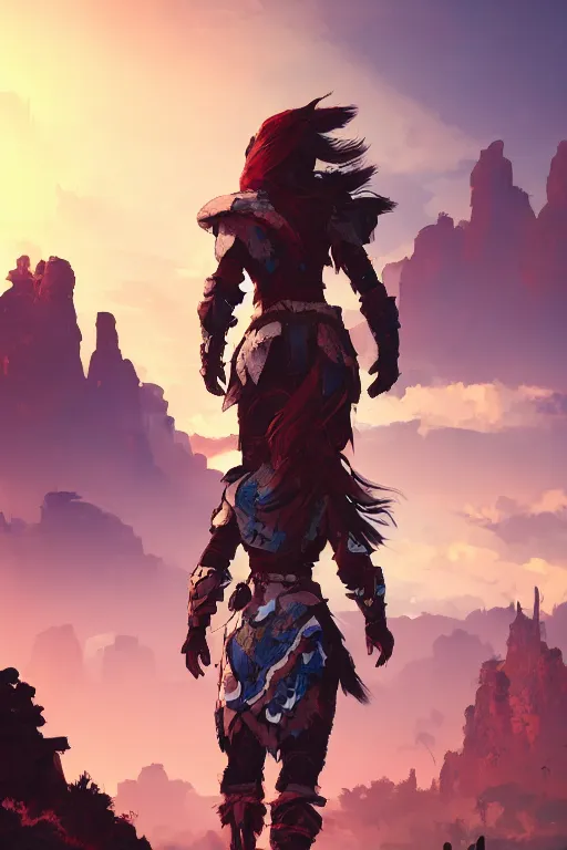 Image similar to combination suit armor aloy horizon forbidden west horizon zero dawn radiating a glowing aura global illumination ray tracing hdr fanart arstation by ian pesty and alena aenami artworks in 4 k tribal robot ninja mask helmet backpack