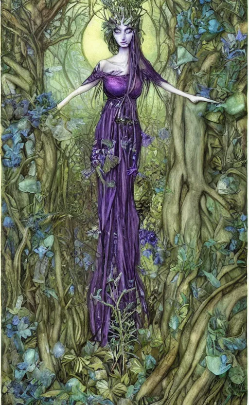 Image similar to fey queen of the summer forest, dress of leaves, fine features, thin, young, clothed, silver shimmering hair, by brian froud, stars, night colors, night, darkness, purple blue black, oil on canvas, oil panting