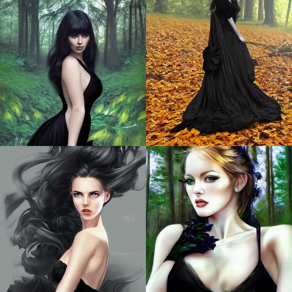 Prompt: photo portrait of a beautiful woman wearing a black gown in a bright forest, by Artgerm