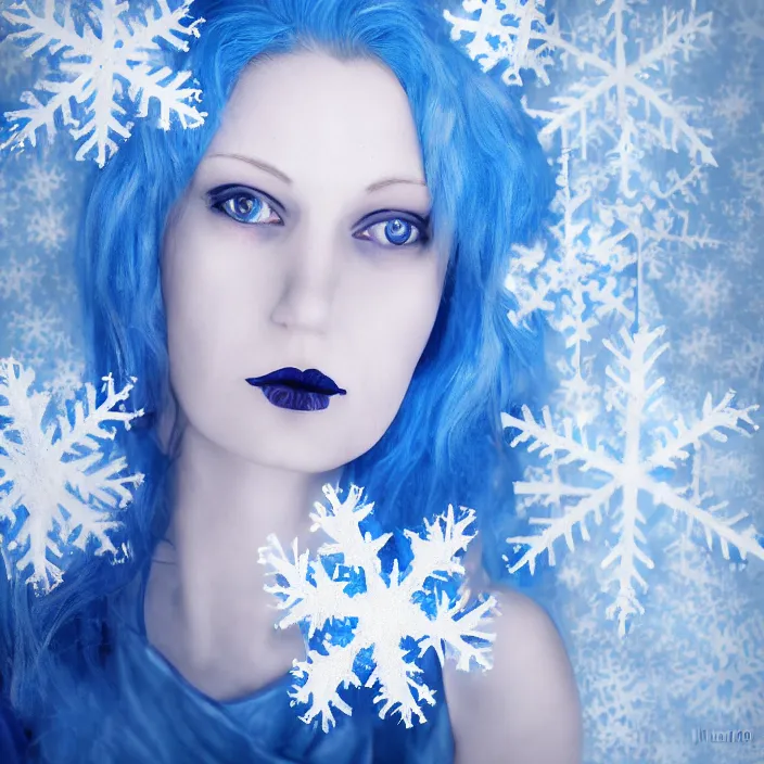 Image similar to a woman wearing a highneck dress made out of snowflakes. she is sickly looking and dying of hypothermia. very pale and blue lips. pale blue hair. full body digital portrait by maromi sagi