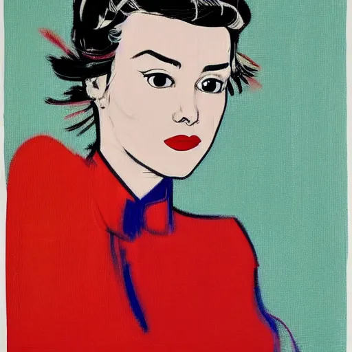 Image similar to beautiful female portrait in oil by james jean, by andy warhol, by roy lichtenstein, by egon schiele