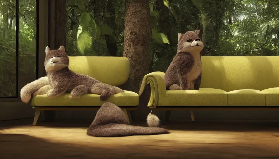 Image similar to lovely furry creature who made a sofa from avocado in the summer forest, by ilya kuvshinov, rtx rendering, octane render 1 2 8 k, maya, extreme high intricate details by tom bagshaw, medium shot, close up shot, composition by sana takeda, lighting by greg rutkowski