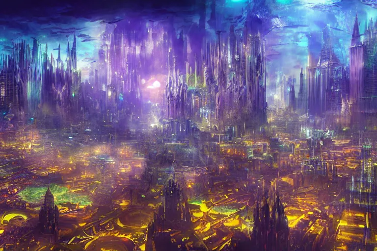 Prompt: an epic landscape view of a vast underwater metropolis, with glowing windows, towers, spires, parapets, balconies, bridges, glass, crystal, filled with colorful fish and sea creatures, painted by bradley noah, close - up, low angle, wide angle, atmospheric, volumetric lighting, cinematic concept art, very realistic, highly detailed digital art