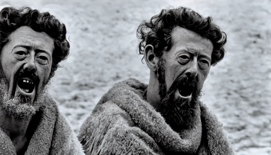 Prompt: 1 9 6 0 s movie still close up of marcus aurelius with wide open mouth frozen to death on a river shore with gravel, pine forests, cinestill 8 0 0 t 3 5 mm b & w, high quality, heavy grain, high detail, texture, dramatic light, anamorphic, hyperrealistic, detailed hair foggy