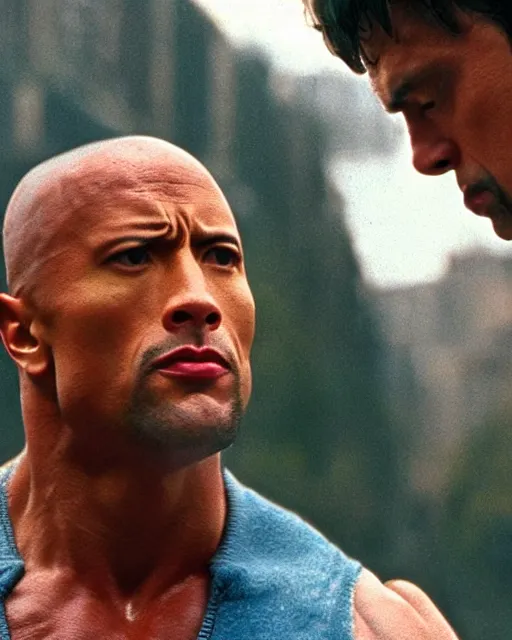 Image similar to Film still close-up shot of Dwayne Johnson as Rocky Balboa from the movie Rocky. Photographic, photography