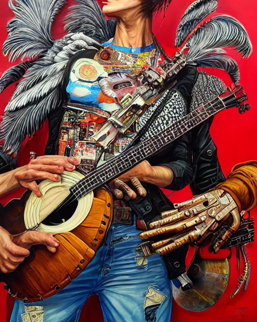 Image similar to a portrait of an anthropomorphic cyberpunk rooster shredding a banjo by sandra chevrier, by jon foster, detailed render, tape deck, epic composition, cybernetics, 4 k realistic, cryengine, realistic shaded lighting, sharp focus, masterpiece, by enki bilal