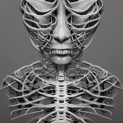 Image similar to ! dream hyperrealistic photography of a highly detailed and symmetrical gorgeous cyborg female, rib cage, in the style of beth cavener, jin kagetsu, james jean and wlop, highly detailed, face symmetry, masterpiece, award - winning, sharp focus, intricate concept art, ambient lighting, 8 k, artstation