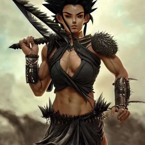 Image similar to warrior girl, muscular girl, wild spiky black saiyan hair, long spiky hair, electrified hair, scimitar, ultra realistic, intricate details, highly detailed, subsurface scattering, photorealistic, octane render, 8 k, art by artgerm, greg rutkowski, magali villeneuve, alphonse mucha