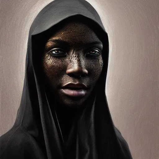 Image similar to a portrait of a young black woman wearing a long dark cloak, hood and shadows covering face, anatomically correct, beautiful perfect face, enigmatic, oil painting, matte painting, black background, Volumetric dynamic lighting, Highly Detailed, Cinematic Lighting, Unreal Engine, 8k, HD, by Beksinski