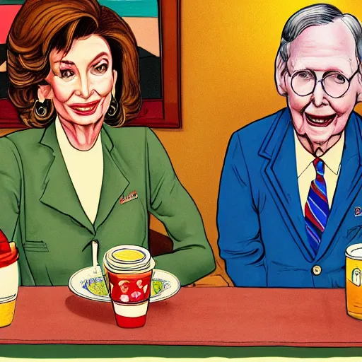 Image similar to The Artwork of R. Crumb and his Cheap Suit Mitch McConnell and Nancy Pelosi go out to a diner, pencil and colored marker artwork, trailer-trash lifestyle