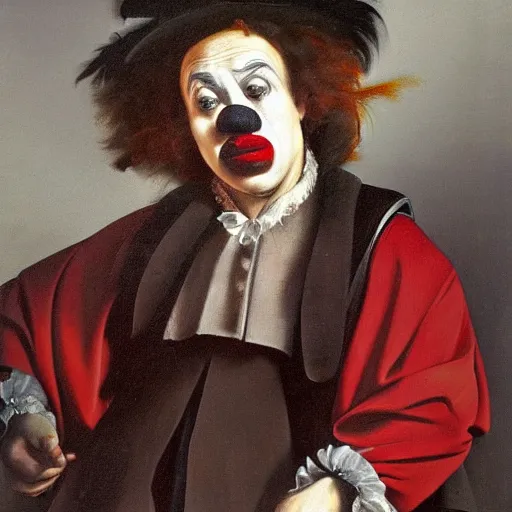 Prompt: detailing character concept portrait of clown by Caravaggio, on simple background, oil painting, middle close up composition