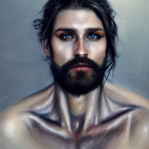 Image similar to photorealistic painting of a male face with piercings, realistic eyes, symmetric face, beautiful bone structure, beard, dark blonde long hair, painting by gaston bussiere