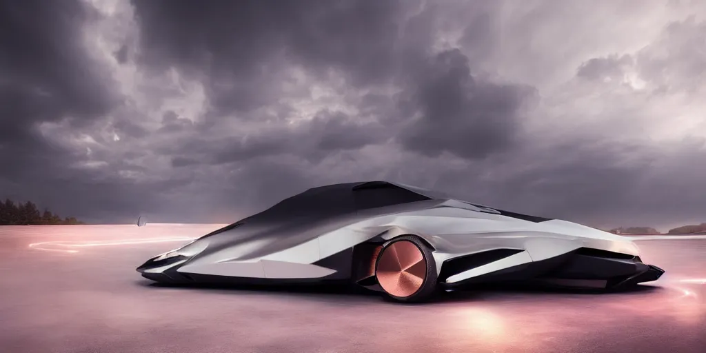 Image similar to a design of a futuristic vehicle, designed by Polestar, night thunderstorm lightning background, brushed rose gold car paint, black windows, dark show room, dramatic lighting, hyper realistic render, depth of field