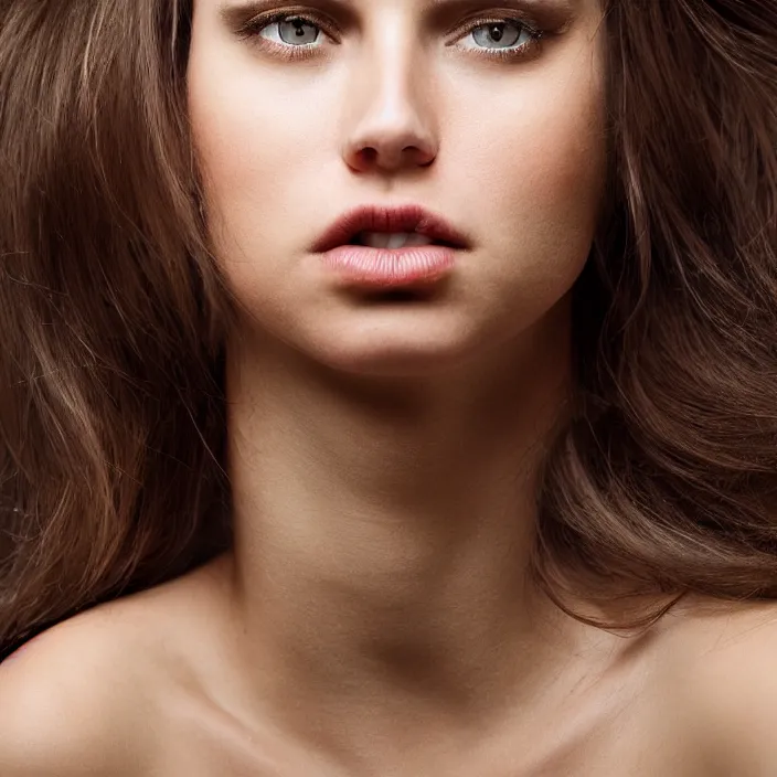 Image similar to photographic Close-up face of a extremely beautiful girl with light brown hair , high light on the left, non-illuminated backdrop, illuminated by a dramatic light, Low key lighting, light dark, High constrast, dramatic , Steve Mccurry, Greg Rutkowski, Alphonse Mucha ,dark background, high quality, photo-realistic, 8K,