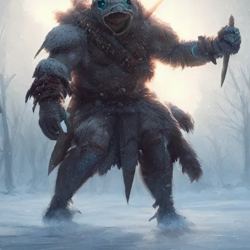 Image similar to anthropomorphic turtle barbarian humanoid, carapace, greg rutkowski, blizzard, winter, night, furs, fantasy