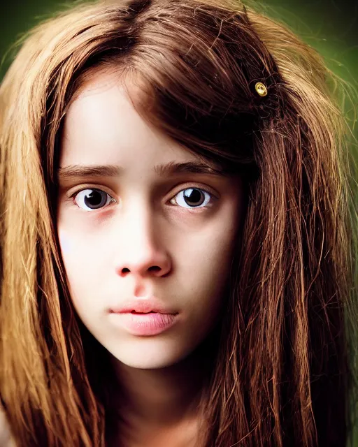 Image similar to photo portrait 1 5 - year old girl with lush brown hair, hermione, large front teeth, and bright piercing brown eyes, hyper realistic face, beautiful eyes, by mario testino