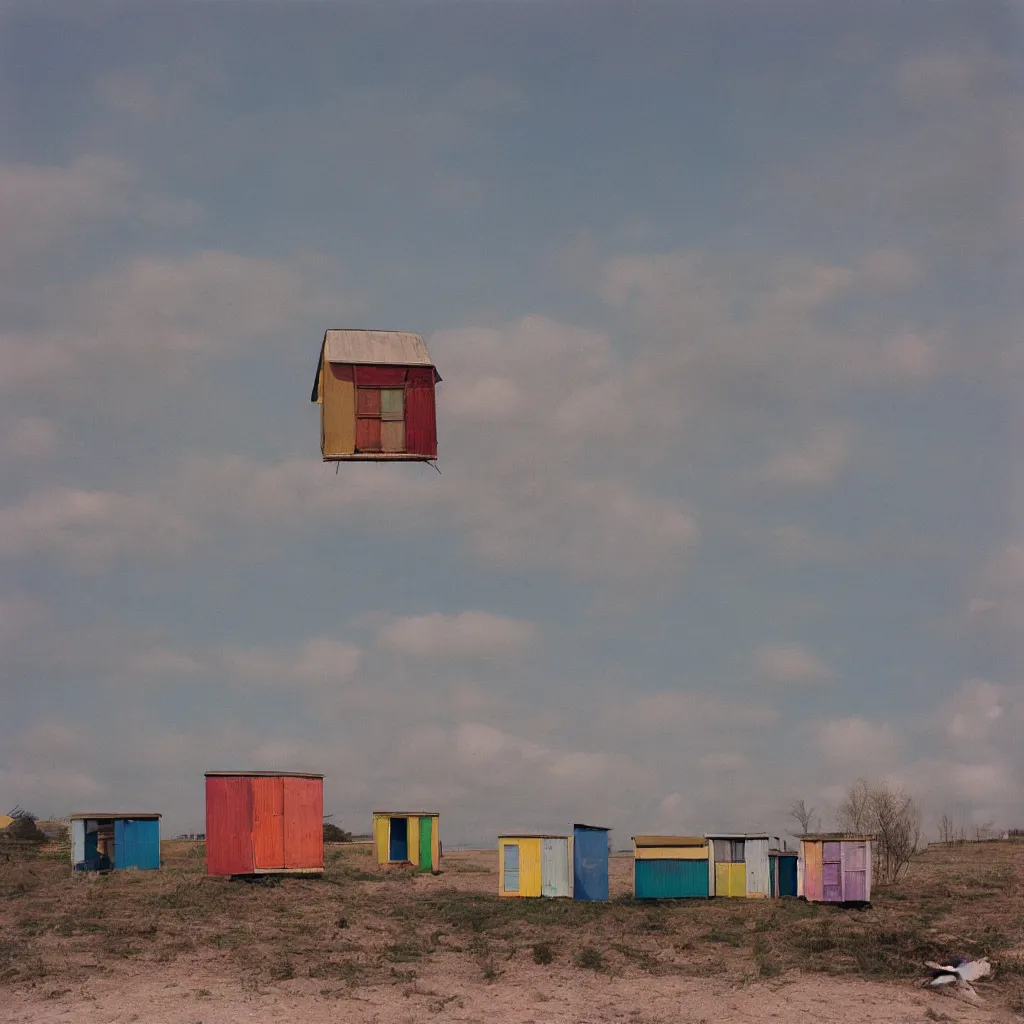 Image similar to two suspended towers made up of colourful makeshift squatter shacks with faded colours, plain uniform sky at the back, soft focus, mamiya rb 6 7, f 1. 8, photographed by uta barth