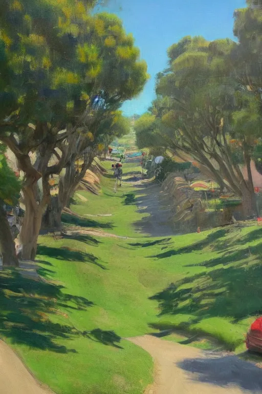 Prompt: San Francisco's green hills during the summertime, very detailed, focused, oil painting, colorful, canvas, artstation, Antoine Pierre Mongin