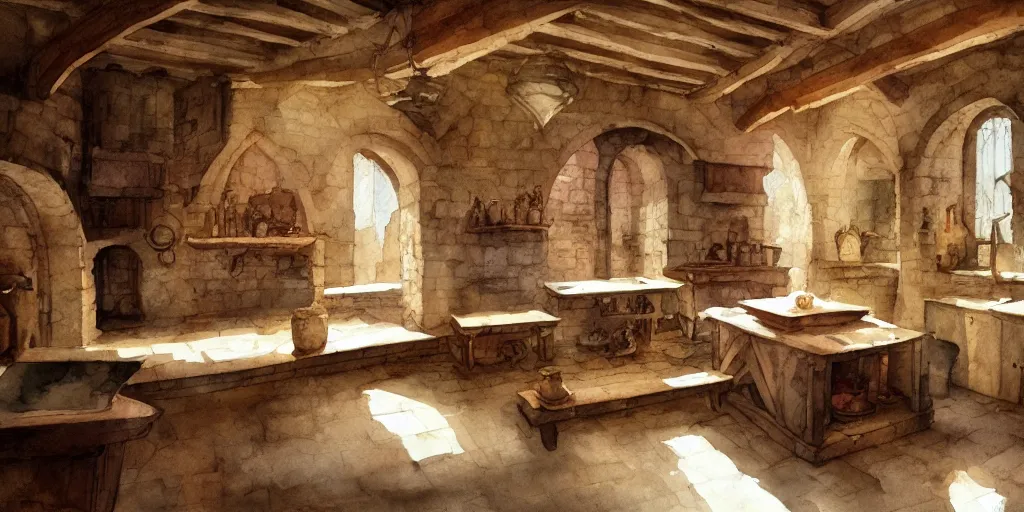 Prompt: medieval kitchen, wide angle, exquisite masterpiece watercolor painting, trending on artstation