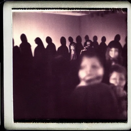 Prompt: a dark room filled with shadow people looking at the camera, horror, nightmare, terrifying, surreal, nightmare fuel, old polaroid, blurry, expired film, lost footage, found footage,