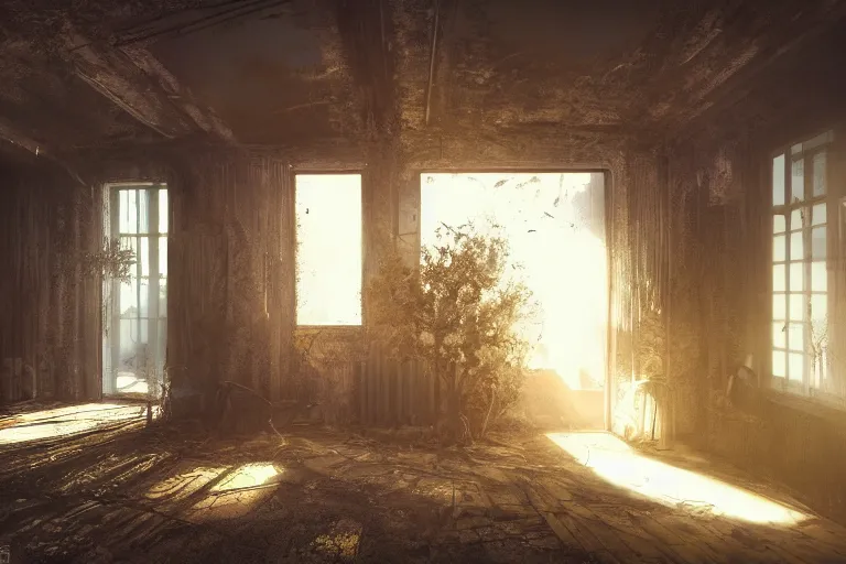 Prompt: the interior of an old abandoned cyberpunk house an old oak tree grows inside the house golden rays of sunlight enter through the window digital art trending artstation