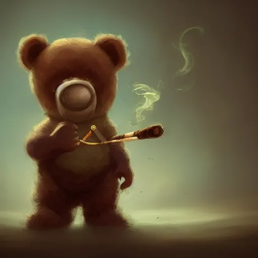 Image similar to cute little anthropomorphic Teddy Bear smoking a cigar, cover art, ultra wide lens shot , tiny, small, short, cute and adorable, pretty, beautiful, DnD character art portrait, matte fantasy painting, DeviantArt Artstation, by Jason Felix by Steve Argyle by Tyler Jacobson by Peter Mohrbacher, cinematic lighting