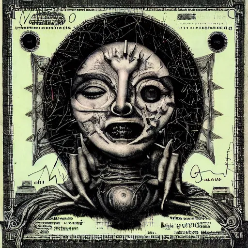 Image similar to post - punk new age album cover, asymmetrical design, dollar bank notes, capitalism, magic, apocalypse, psychedelic, black white pink, magic, giger h. r., giuseppe arcimboldo