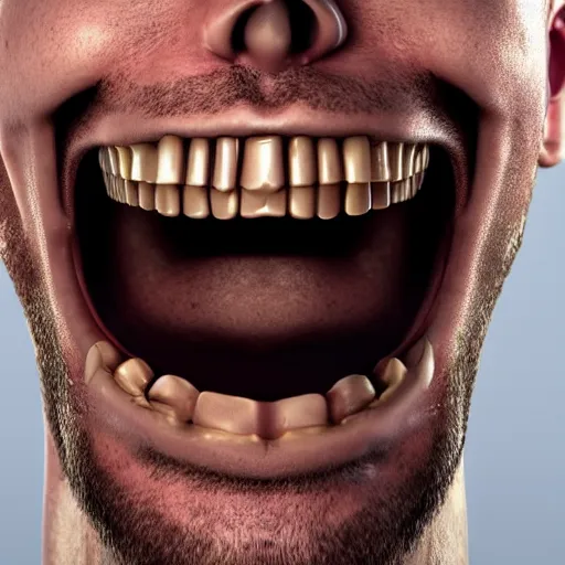 Prompt: extreme closeup photo of a man with a very wide open mouth with a skull inside his mouth, 3D render,subsurface scattering,global illumination,raytracing,studio lighting,cinematic,photorealistic,4k, UHD, HDR