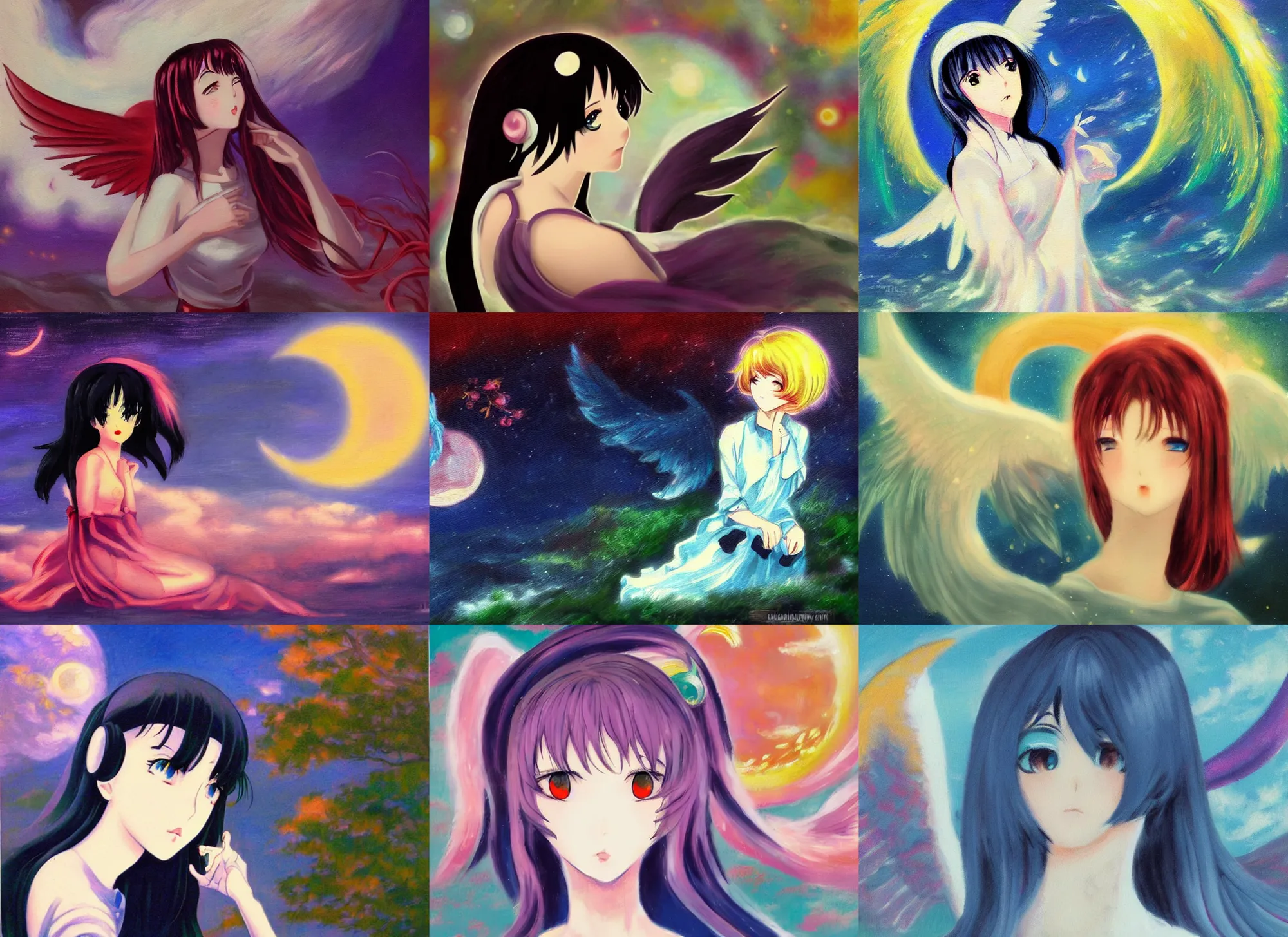 Prompt: gloomy retro anime girl, angel, crescent moon, impressionist painting