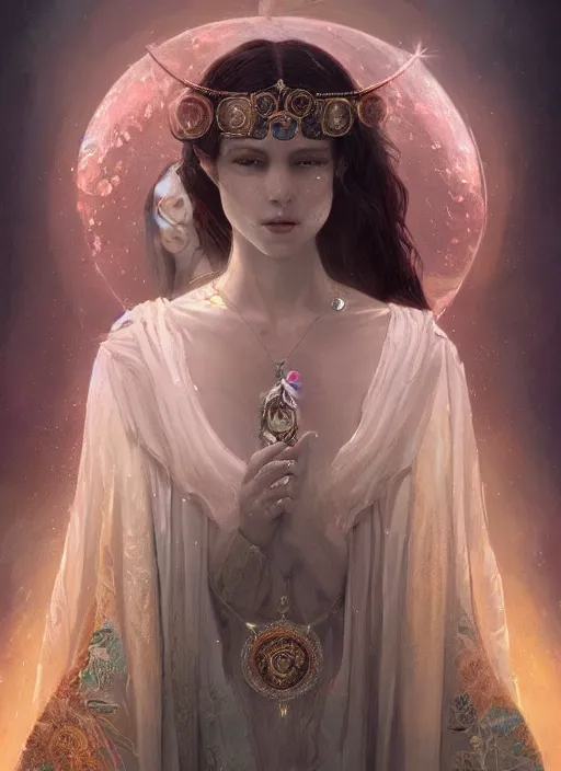 Image similar to A beautiful digital painting of a female Seraphim full of jewels, princess, the moon behind her, intricate, cinematic lighting, highly detailed, digital painting, Artstation, concept art, smooth, sharp focus, illustration, art by Tom Bagshaw, Artgerm and Greg Rutkowski