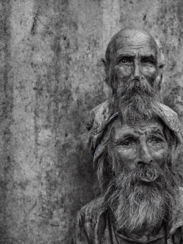 Prompt: High-resolution image. A portrait of an aged mushroom seller with a haunted expression and a wrinked gaunt face and large unkempt beard. Deep shadows and highlights. /2.8 or f/4. ISO 1600. Shutter speed 1/60 sec. Lightroom.