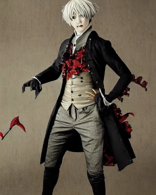 Image similar to tokyo ghoul monster ken kaneki character wearing a beautiful 1 8 th century suit with a tie, rococo style, francois boucher style, highly detailed, very realistic, painterly style