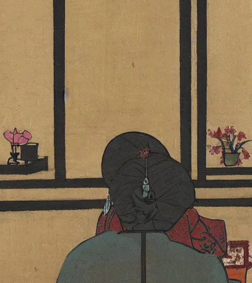 Image similar to a woman with a flower in her head sits on a chair in the corner of an empty room, view from behind, xue jiye