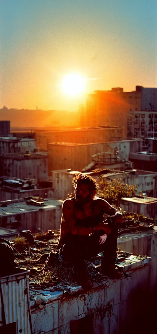 Image similar to Portrait of a tired battle-worn rugged post-apocalypse survivor staring contemplatively into the sunset from an abandoned overgrown rooftop terrace. A crow perched above stares at the sun, as well. Masterpiece. Photo taken with Kodak Professional Pro Image 100 35mm film.