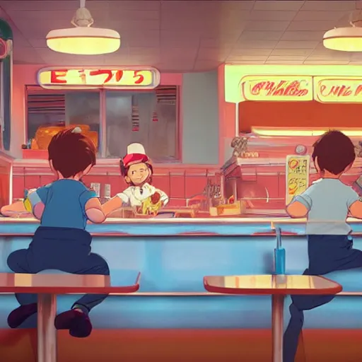 Image similar to a wholesome animation key shot of kids at a 5 0 s diner!!!, medium shot, studio ghibli, pixar and disney animation, sharp, very detailed, high resolution, rendered in unreal engine 5, anime key art by greg rutkowski, bloom, dramatic lighting