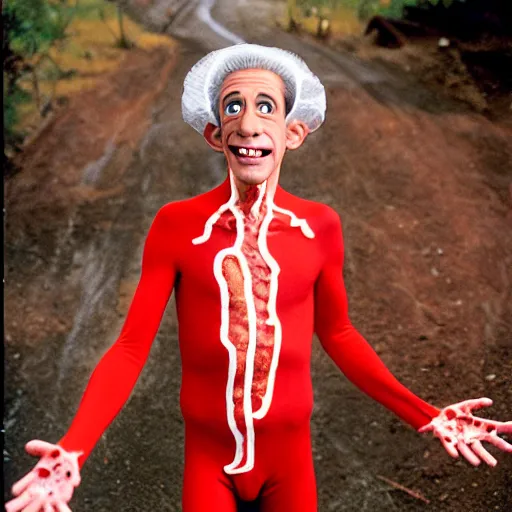 Image similar to uhd photorealisitc candid photo of anthony fauci dressed as slim goodbody. blood and guts everywhere. correct coostume. correct face, accurate face. photo by annie leibowitz and steve mccurry