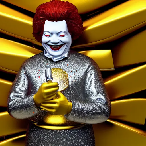 Image similar to a still of ronald mcdonald surrounded by gold and diamonds, award - winning, photograph, 3 d render, unreal engine, 4 k detailed