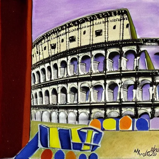 Image similar to the Colosseum as an overflowing trash can in Rome, HD, style of Matisse