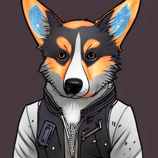 Prompt: character art of a cyberpunk corgi