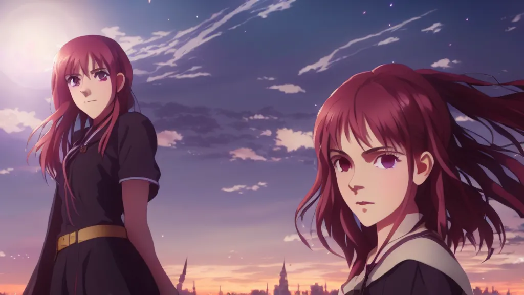 Prompt: emma watson, heavens feel movie, demon slayer, ufotable, kyoani, high quality, artstation, key visual, cinematic, city background, night time, rooftop, fate stay night, unlimited blade works, greg rutkowski, high resolution, dynamic pose, extreme close up, rin outfit, anime, high angle, high budget