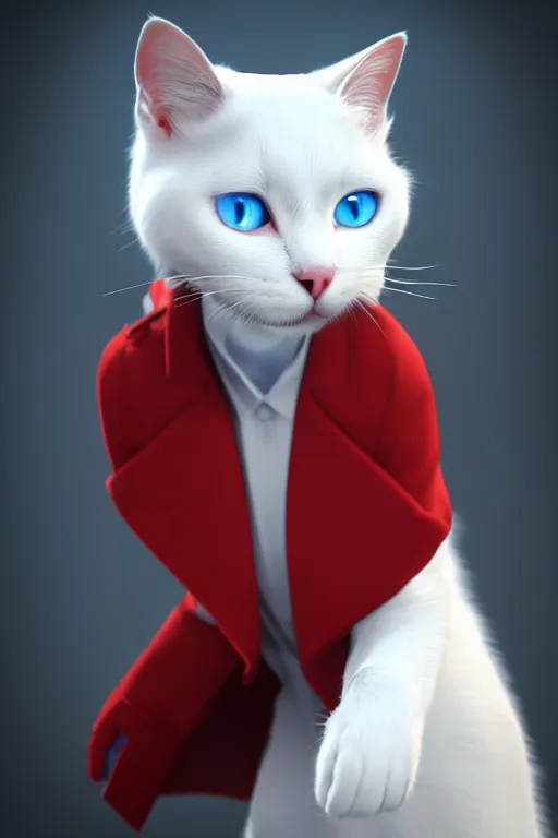 Image similar to a white cat with blue eyes wearing a red formal overcoat, hyperrealistic, concept art, octane render, unreal engine 5, realistic and defined face, profile picture, digital art, pixar and disney style, symmetrical, high quality, highly detailed, high coherence, path traced, house background, low contrast, beautiful, elegant clothes