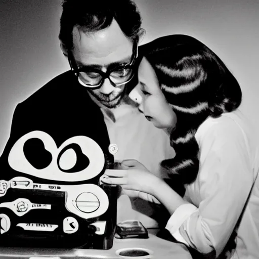 Prompt: a black and white photograph of a computer in love, by gary baseman, by robert crumb, by jim henson, high contrast, soft lighting, surreal, film photography