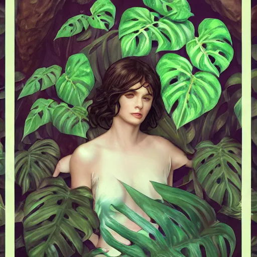 Prompt: a woman monstera druid with monstera leaf themed clothing, fully clothed, volumetric lighting, D&D, fantasy, intricate, cinematic lighting, highly detailed, digital painting, artstation, concept art, smooth, sharp focus, illustration, art by Artgerm and Greg Rutkowski and Alphonse Mucha