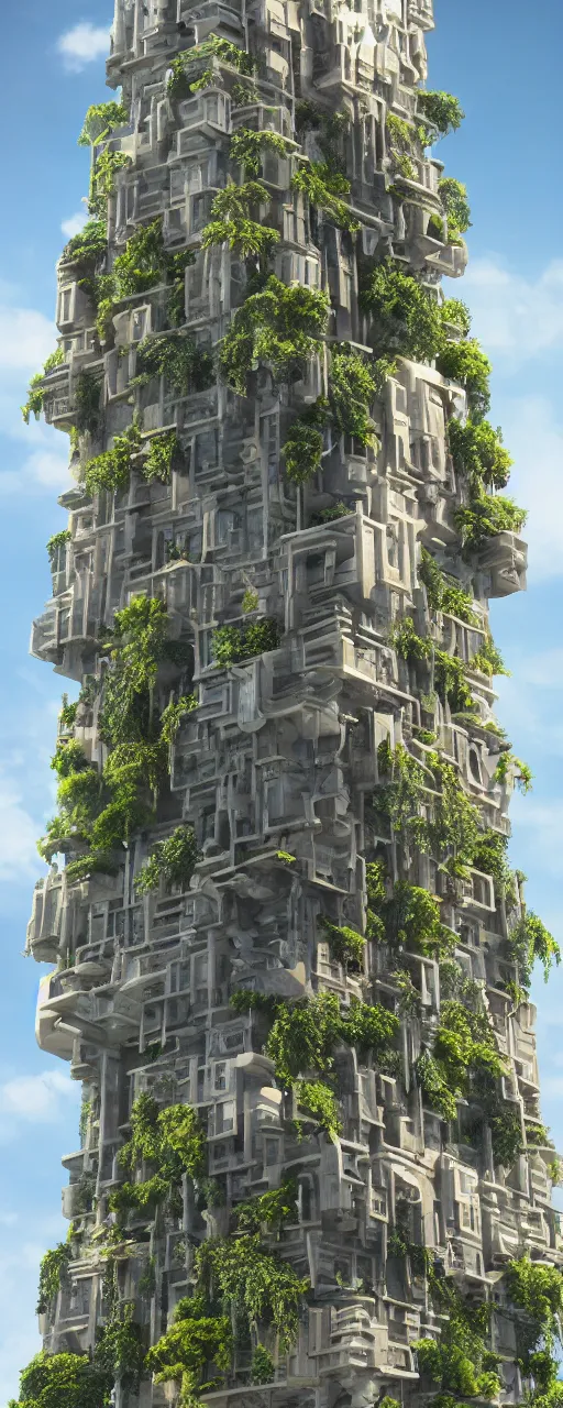 Image similar to solarpunk style, eye level view of a contemporary tower, golden intricate details, stone facade, sacred architecture, hanging gardens, cascading highrise, arid mountains with lush palm forest, photorealistic, sunlight, 8 k, post - production, octane, cgi, sfx